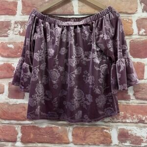Current Project Top Womens S Purple Pink Floral Velvet Velour Off Shoulder Shirt